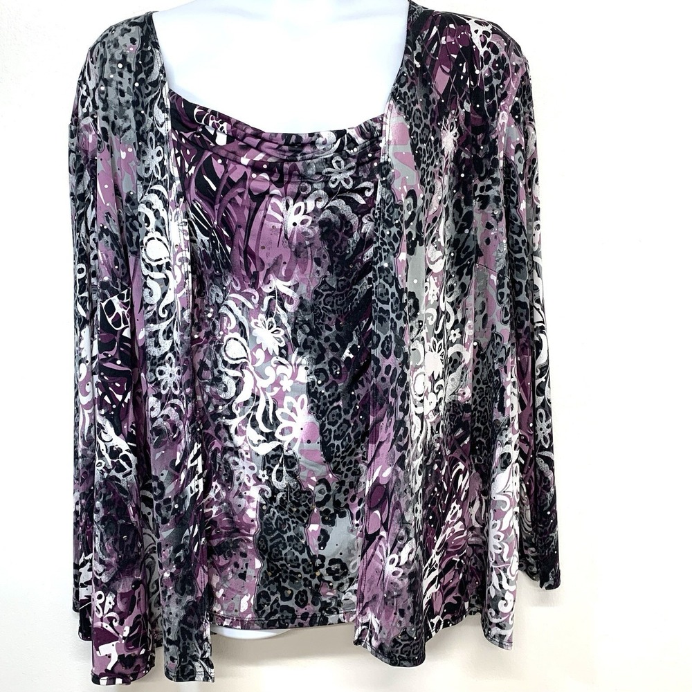 Catherines Purple Floral Animal Print Rhinestone Twin Set Top Size 3X Stretdh